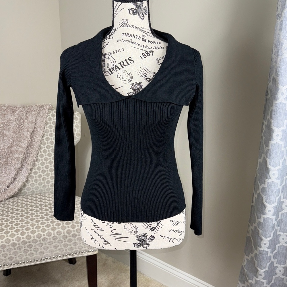 Chic Black Ribbed Long Sleeve Top